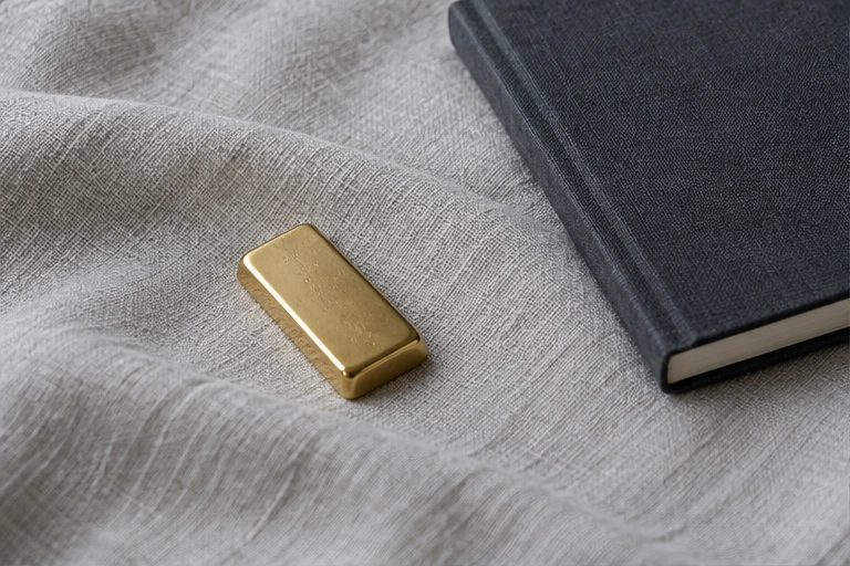 One small gold bar on pale linen beside a closed notebook